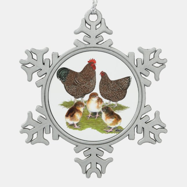 Orpington Jubilee Chicken Family Snowflake Pewter Christmas Ornament (Front)