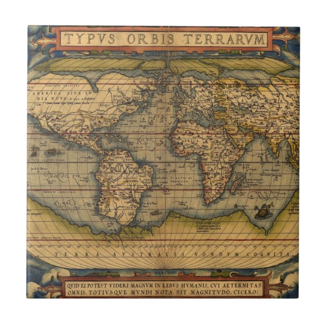Ortelius 1570 World Map: Antique Cartography Tile (Front)
