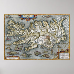 Ortelius Islandia Map featuring Sea Monsters Print
