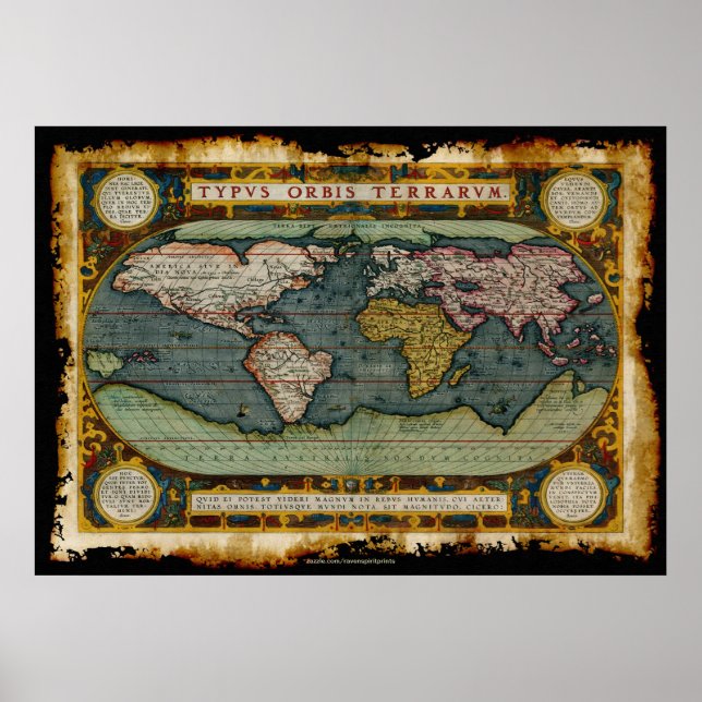 Ortelius' Old World Map in Rustic Grunge Style Poster (Front)