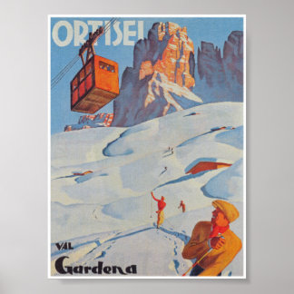 Ortesei Italy Vintage Ski Travel Poster