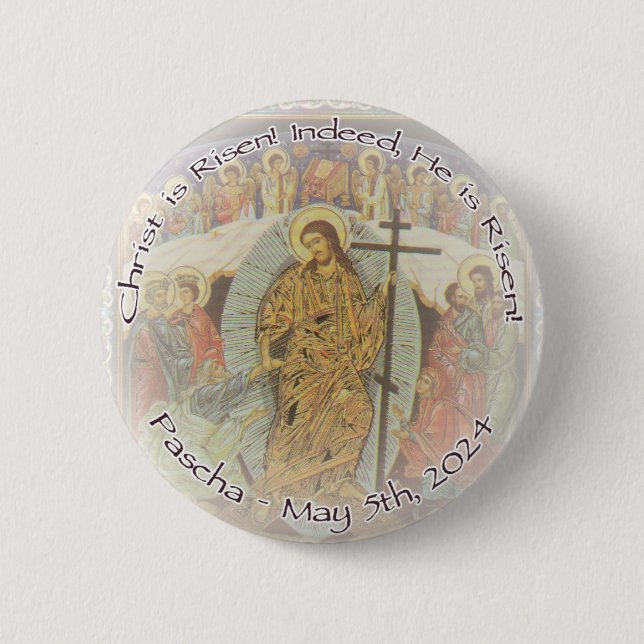 Orthodox Christian Christ is Risen ENG 2.25 in. 6 Cm Round Badge (Front)