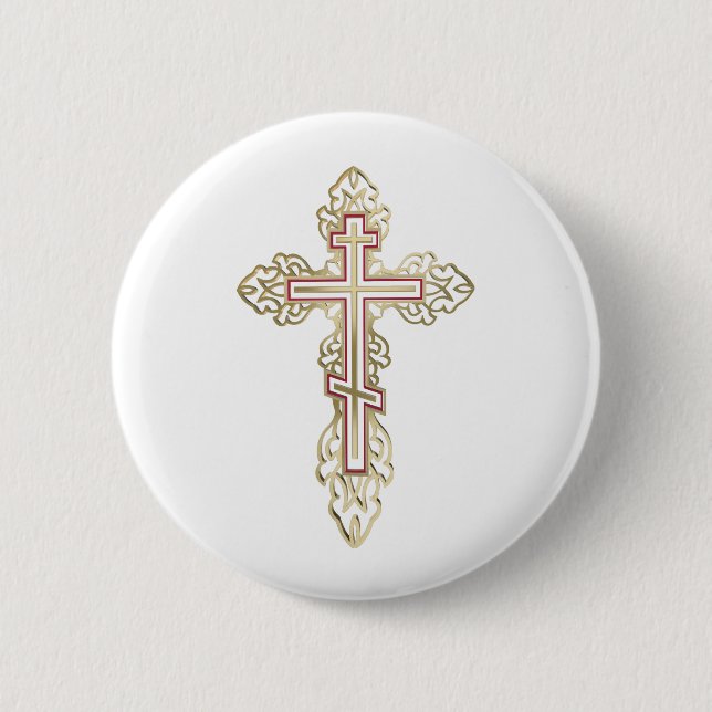 Orthodox cross 6 cm round badge (Front)