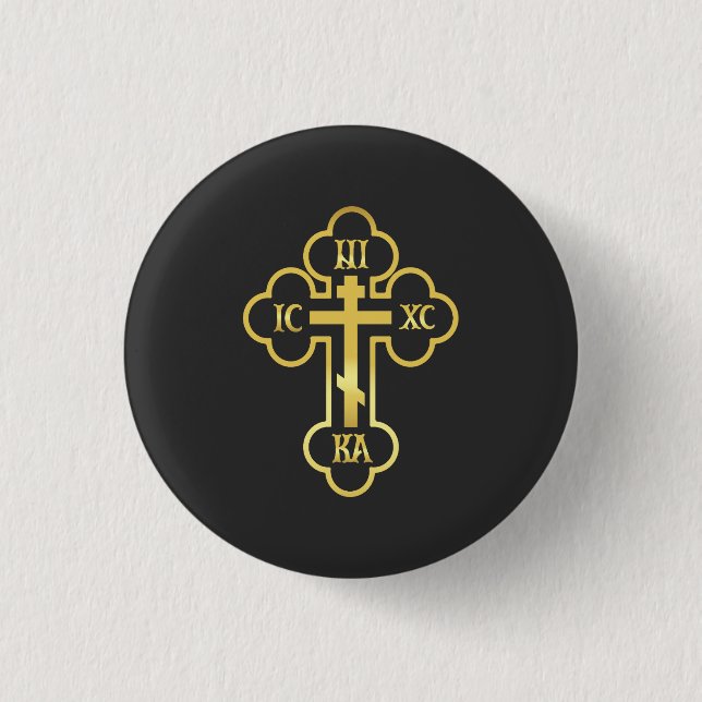 Orthodox Cross Gold NIKA 3 Cm Round Badge (Front)