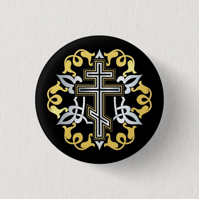 Orthodox Cross Gold With Ornaments 3 Cm Round Badge (Front)