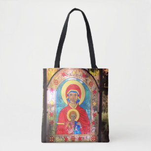 Orthodox Stained Glass Mother Mary, Jesus Tote Bag
