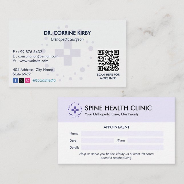 Orthopaedic Clinic Business | Clean Appointment Business Card (Front/Back)