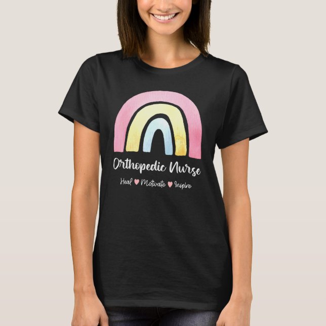 Orthopaedic Nurse Heal Motivate Inspire Boho Rainb T-Shirt (Front)