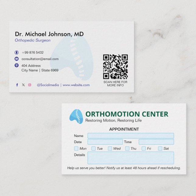 Orthopaedic Physical Therapy | Modern Appointment Business Card (Front/Back)