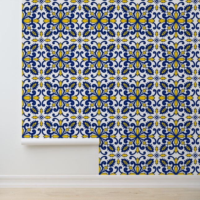 ortugal Azulejo Symmetry Retro Blue Yellow Floral Wallpaper (Application)