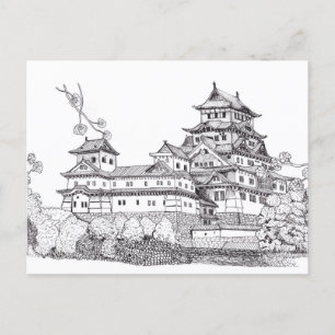 Osaka Castle Japan Black White Illustration Postcard