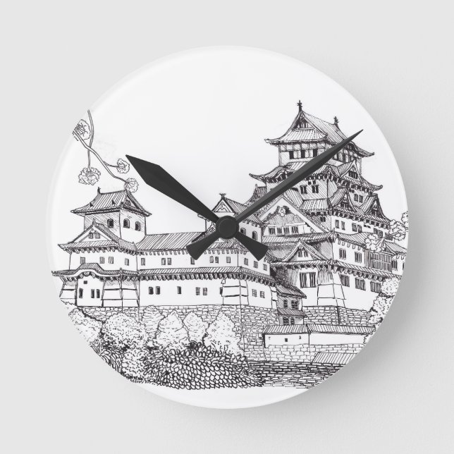 Osaka Castle Japan Black White Illustration Round Clock (Front)