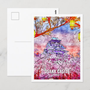 Osaka Castle Japan Famous Travel Place Watercolor Postcard