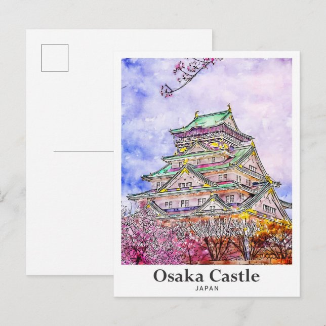 Osaka Castle Japan Travel Watercolor Hand Drawn Postcard (Front/Back)