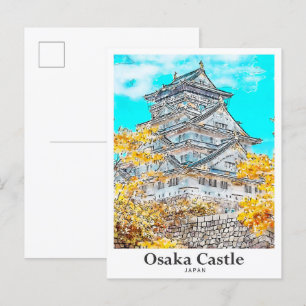 Osaka Castle Japan Travel Watercolor Hand Drawn Postcard