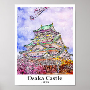 Osaka Castle Japan Travel Watercolor Hand Drawn Poster