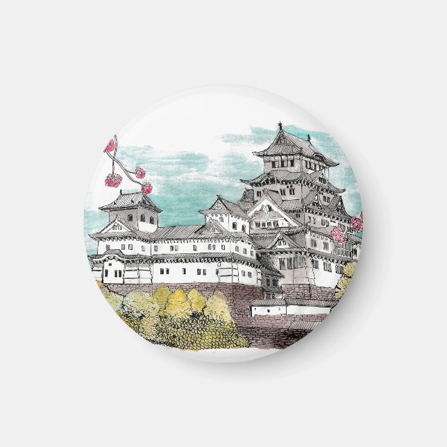 Osaka Castle Japan Watercolor Illustration Magnet (Front)