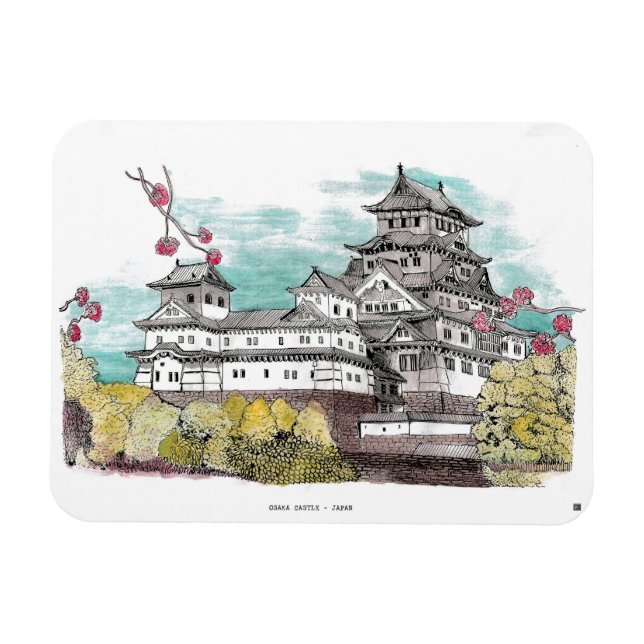 Osaka Castle Japan Watercolor Illustration Magnet (Horizontal)