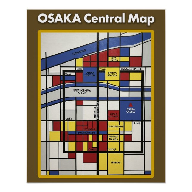 OSAKA central map Piet Mondrian style Poster (Front)