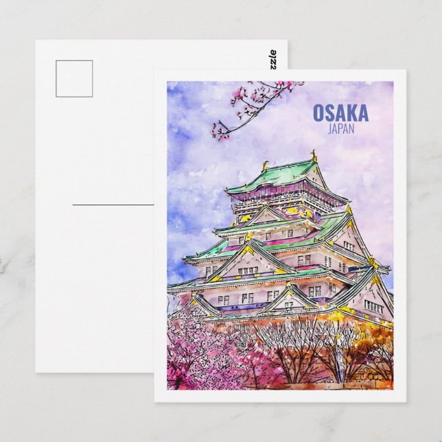 Osaka Japan Famous Travel Watercolor Sketch Postcard (Front/Back)