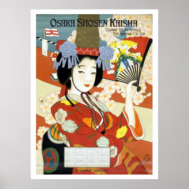 Osaka, Japan, geisha with fan, vintage travel Poster (Front)