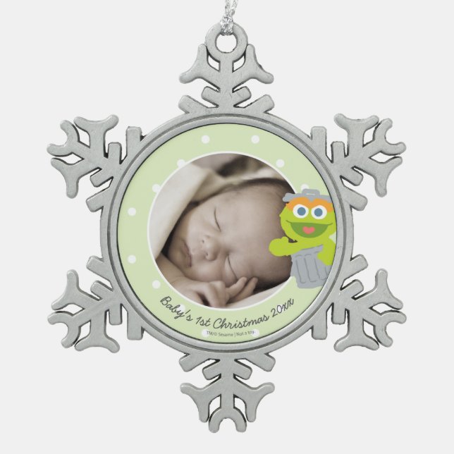 Oscar | Baby's First Christmas - Add Your Name Snowflake Pewter Christmas Ornament (Front)