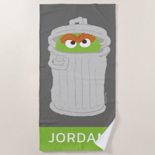 Oscar the Grouch & His Trash Can   Add Your Name Beach Towel