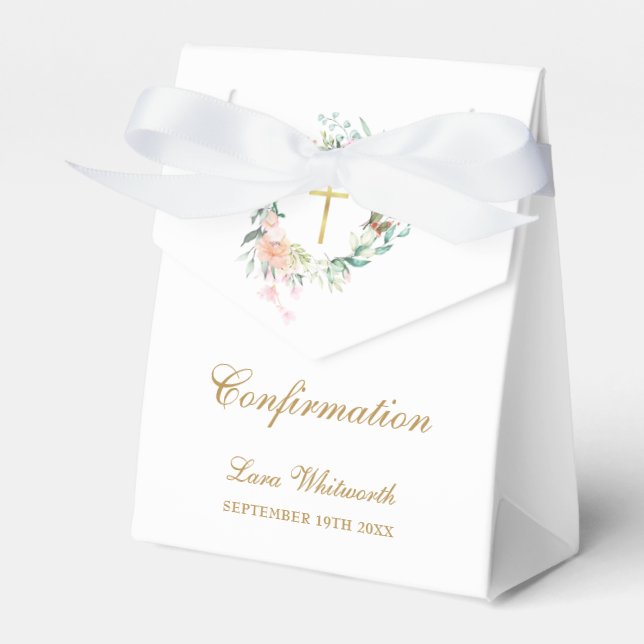 oses Floral Garland Gold Script Confirmation Favour Box (Front Side)
