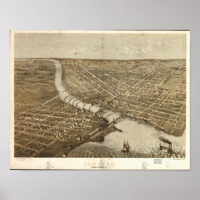 Oshkosh WI 1867 Antique Panoramic Map Poster (Front)