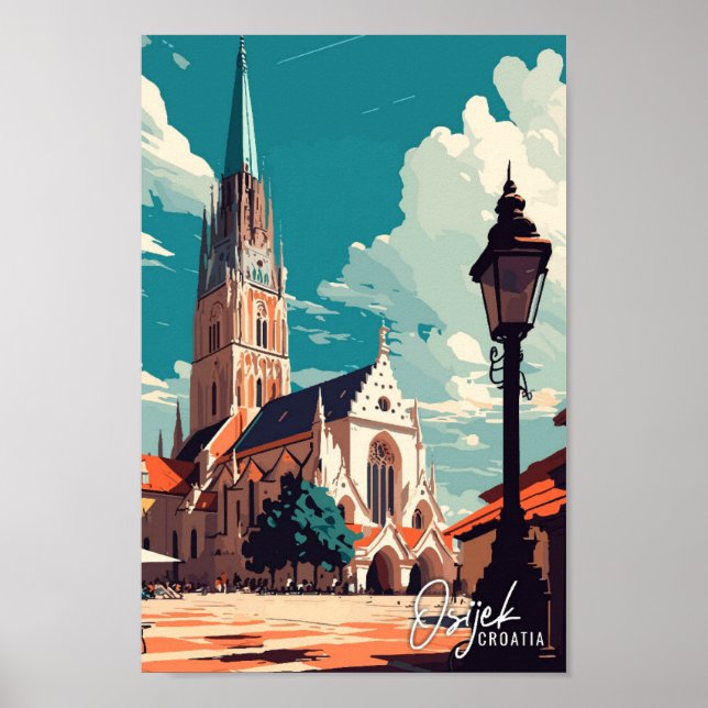 Osijek Croatia Art Vintage Travel Illustration Poster (Front)