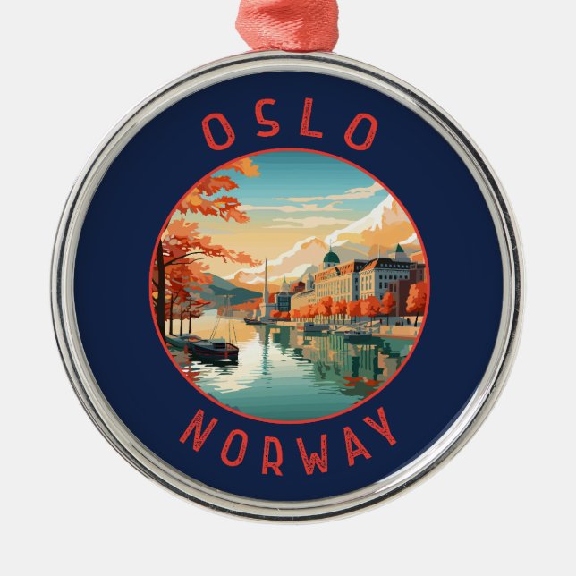 Oslo Norway Retro Distressed Circle Metal Tree Decoration (Front)