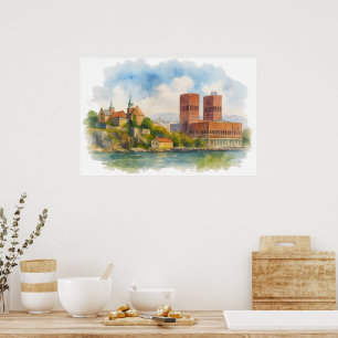 Oslo Norway Watercolor Art Poster, Scandinavian Poster