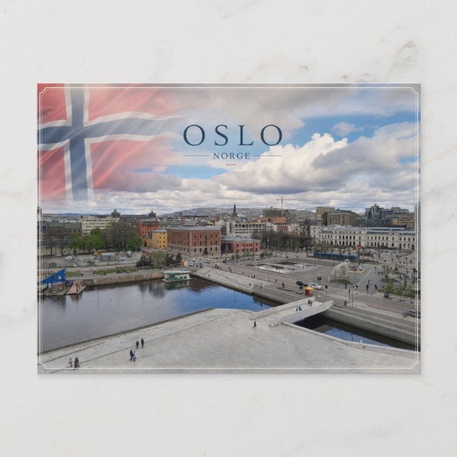 Oslo Norway with Norwegian Flag Waterfront Postcard (Front)