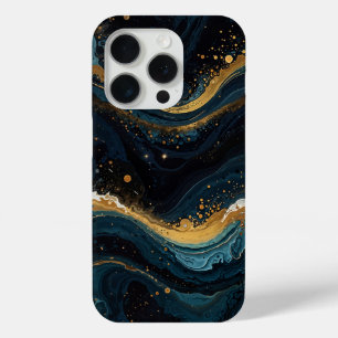 osmic Gold and Blue Fluid Art, Luxury Abstract iPhone 15 Pro Case