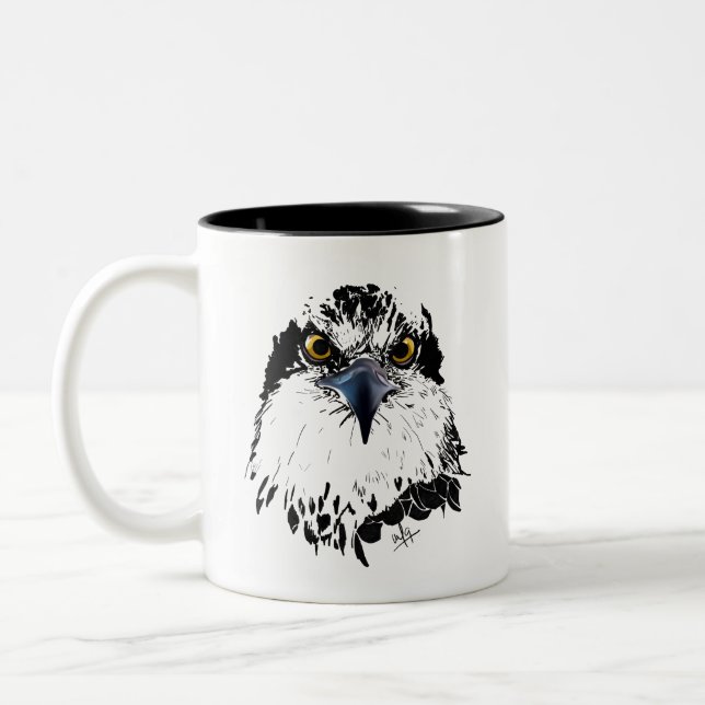 Osprey Drawing Black and White Piercing Eyes Two-Tone Coffee Mug (Left)
