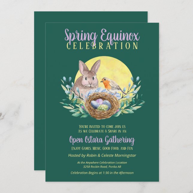 Ostara Spring Equinox Bunny & Bird Nest Green Invitation (Front/Back)