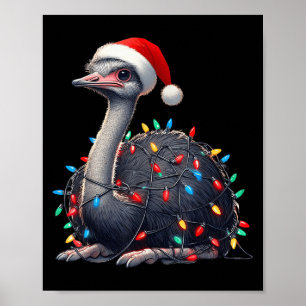 Ostrich Christmas Lights Funny Santa Hat Merry Xma Poster