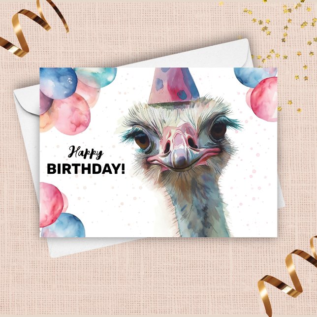 Ostrich Funny Colourful Balloons Hat Happy Birthda Card (Creator Uploaded)