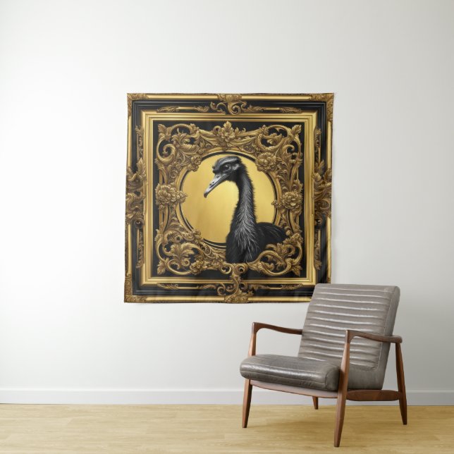 Ostrich gold ornamental frame tapestry (In Situ)