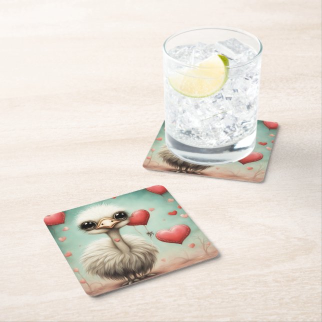 Ostrich Love 3 Square Paper Coaster (Insitu)