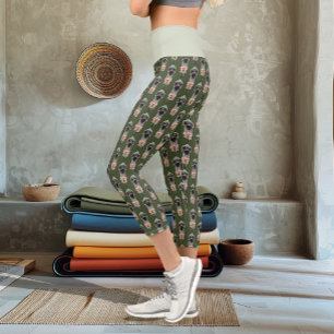 Ostrich Pink  Flowers Olive Green Art Deco  Capri Leggings