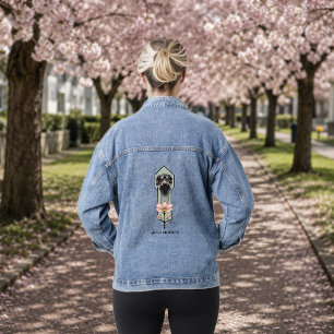 Ostrich Pink Flowers Olive Green Art Deco Denim Jacket