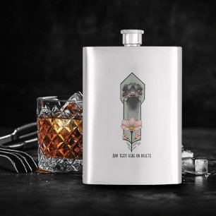 Ostrich Pink Flowers Olive Green Art Deco Hip Flask