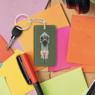 Ostrich Pink Flowers Olive Green Art Deco Key Ring