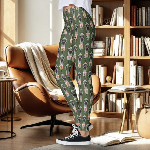 Ostrich Pink Flowers Olive Green Art Deco Leggings