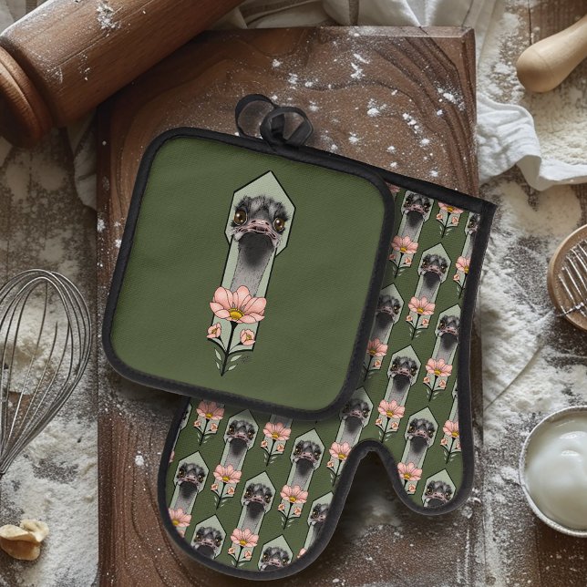 Ostrich Pink  Flowers Olive Green Art Deco  Oven Mitt & Pot Holder Set (Creator Uploaded)
