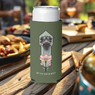 Ostrich Pink Flowers Olive Green Art Deco Seltzer Can Cooler