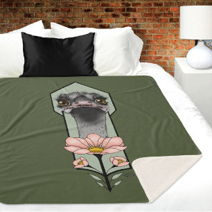 Ostrich Pink  Flowers Olive Green Art Deco  Sherpa Blanket
