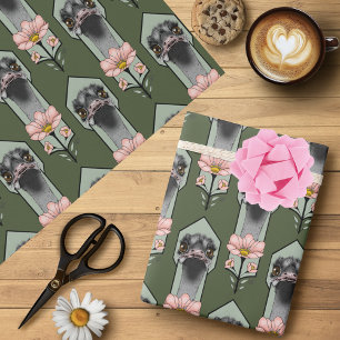 Ostrich Pink Flowers Olive Green Art Deco Wrapping Paper