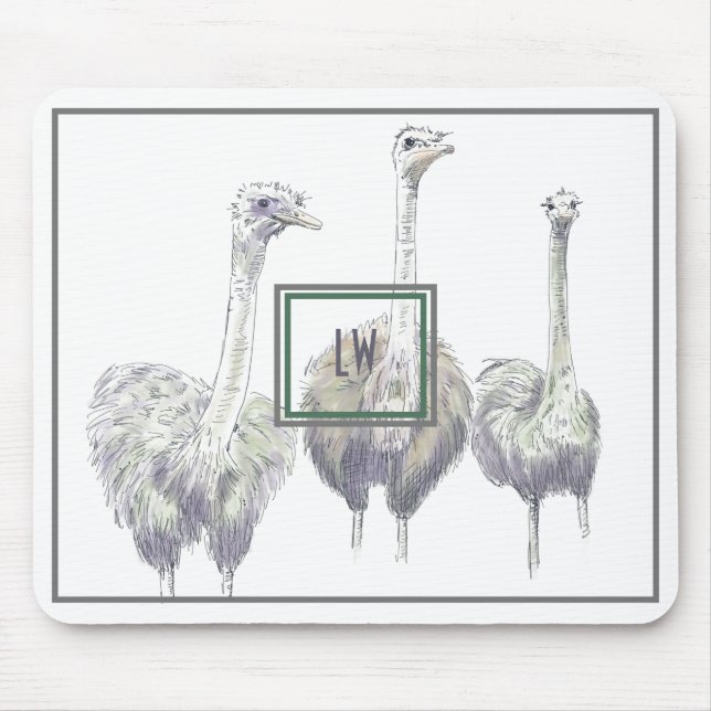 Ostriches Pen and Ink Illustration Monogram Mouse Mat (Front)